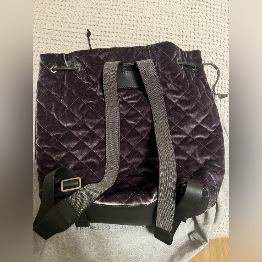 Brunello Cucinelli Purple Velvet Grey Leather Backpack - Picture 4 of 7